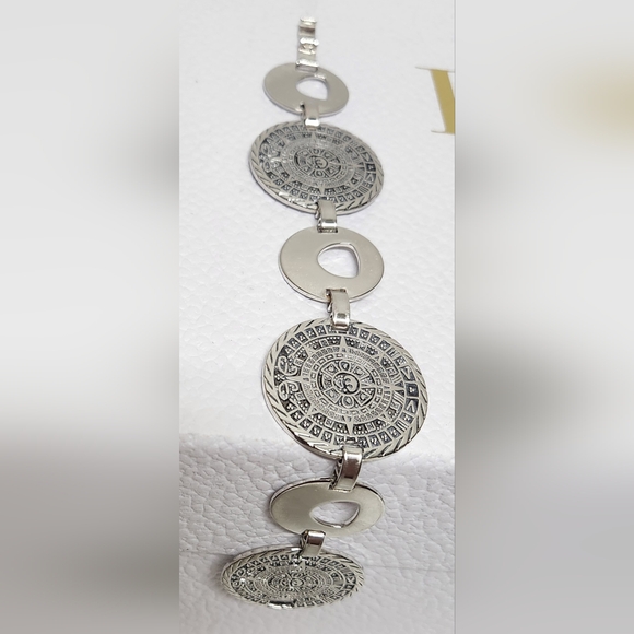 Aztec Calendar Silver Disc Bracelet VINTAGE - Picture 2 of 16